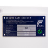 Informational panel showing certification details for phoenix fortress 1181 security safe electronic lock including serial number weight and year