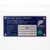 Informational panel showing certification, serial number and security level for phoenix fortress 1182 security safe electronic lock