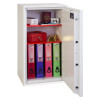 phoenix fortress 1184 safe with the door open showing files, a metal cash box, and other items inside