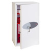 Phoenix fortress 1184 safe with its door ajar revealing some red files inside and a key in the lock