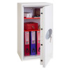 Phoenix fortress 1184 safe with the door open showing shelves with files, a red lockbox, and other items inside