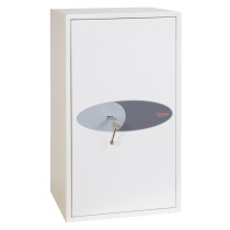 front view of phoenix fortress 1184 safe with key inserted in the lock