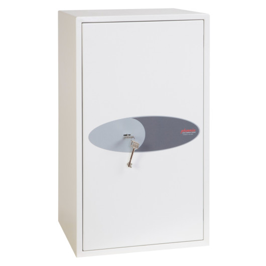 front view of phoenix fortress 1184 safe with key inserted in the lock