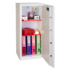phoenix fortress 1185 safe with door open showing shelves holding files, a red lockbox, and personal items inside