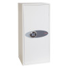 Front view of the white phoenix fortress 1185 safe with a digital keypad lock on the door