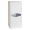 Front view of the phoenix fortress 1185 safe with a key in the lock and a plain white door panel