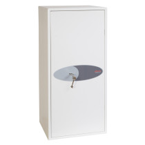 Front view of the phoenix fortress 1185 safe with a key in the lock and a plain white door panel