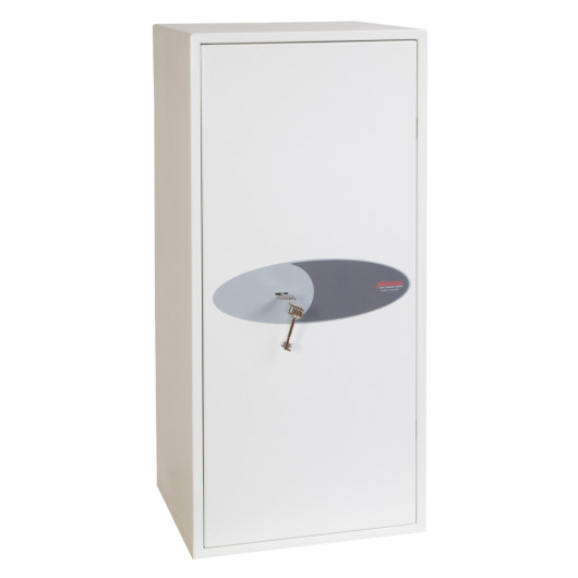 Front view of the phoenix fortress 1185 safe with a key in the lock and a plain white door panel