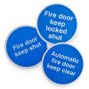 rbarc68sa rbarc70sa fire door self adhesive metal sign showing front with three blue circular signs with white text