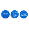 Side view of rbarc68sa rbarc70sa fire door self adhesive metal sign showing three blue circular signs with white text