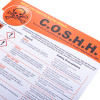 Angled view of a coshh regulations poster showing warning symbols and safety precautions text