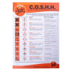 Front view of a coshh regulations poster showing hazard symbols and safety precautions in orange and white design