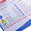 Close up of health safety at work guide poster showing sections on prohibition, mandatory, warning signs and safety equipment icons