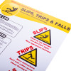 preventing slips trips and falls poster showing yellow warning triangles and safety advice text at an angled view