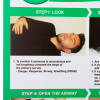 Closeup of resuscitation of adults poster showing a man lying down with instructions for primary survey step 1 look