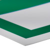 Close-up of the edge of a fire exit sign eec directive down rigid plastic showing thickness and green and white colours