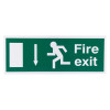 Front view of a fire exit sign eec directive down showing running figure arrow and door on rigid plastic