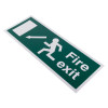 angled fire exit sign eec directive down left made from rigid plastic with running figure and left arrow