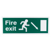 green fire exit sign eec directive down right rigid plastic showing front with running figure and arrow pointing down right