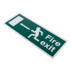 angled view of a fire exit sign eec directive left rigid plastic with running figure and directional arrow on green background