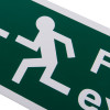 Close up of fire exit sign eec directive left rigid plastic showing running figure and partial text on green background