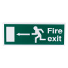 Front view of fire exit sign eec directive left rigid plastic showing running figure and arrow pointing left