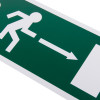 Close up of fire exit sign eec directive right rigid plastic showing a running figure and arrow pointing right