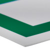 Close-up of the edge of a fire exit sign eec directive right rigid plastic showing the white and green colours