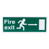 fire exit sign eec directive right rigid plastic showing running figure and arrow pointing right toward door on green background