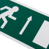 Close up of a fire exit sign eec directive up made of rigid plastic showing a running figure and an arrow pointing upwards