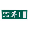 Front view of fire exit sign EEC directive up rigid plastic showing running figure and arrow pointing up