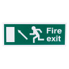 Front view of a fire exit sign eec directive up left rigid plastic showing running figure and arrow pointing up left