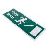 Angled view of fire exit sign eec directive up right rigid plastic with running figure and arrow on green background