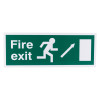 Front view of fire exit sign eec directive up right rigid plastic showing running figure and arrow on green background