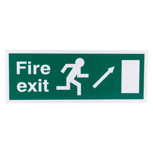 Front view of fire exit sign eec directive up right rigid plastic showing running figure and arrow on green background