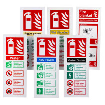 Six fire safety signs displayed in a grid, each showing a different fire extinguisher type or fire blanket. Each sign uses icons and colour‑coded sections to indicate suitable fire types.