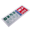 angled photo of abc powder id sign made from white rigid plastic showing fire extinguisher icon and safety information