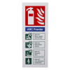 Front view of abc powder id sign white rigid plastic showing fire extinguisher symbol and safety information icons