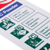 Close up of white rigid plastic powder extinguisher id sign showing safety information and hazard symbols