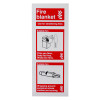 fire blanket id sign white rigid plastic showing safety instructions and illustrations on front