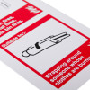 Close up of white rigid plastic fire blanket id sign showing simple black icon of person with wrapped blanket and red bordered text