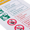 Close up of wet chemical id sign white rigid plastic showing safety instructions and hazard symbols