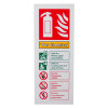 Front view of wet chemical id sign on white rigid plastic showing fire extinguisher symbol with safety instructions