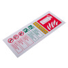 angled view of a white rigid plastic wet chemical extinguisher id sign with safety icons and text