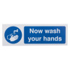 Mandatory bathroom hygiene now wash your hands sign with blue background and white text showing hands under water from tap