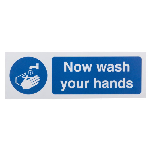 Mandatory bathroom hygiene now wash your hands sign with blue background and white text showing hands under water from tap