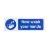now wash your hands sign with white text on blue background and an icon of hands under a running tap