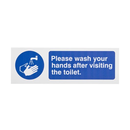 please wash hands after visit toilet sign showing hands being washed under running water with text message