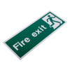 angled white rigid plastic self adhesive fire exit sign showing green background with white text and symbol