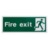Front view of white rigid plastic self adhesive fire exit sign with white text and running figure on green background